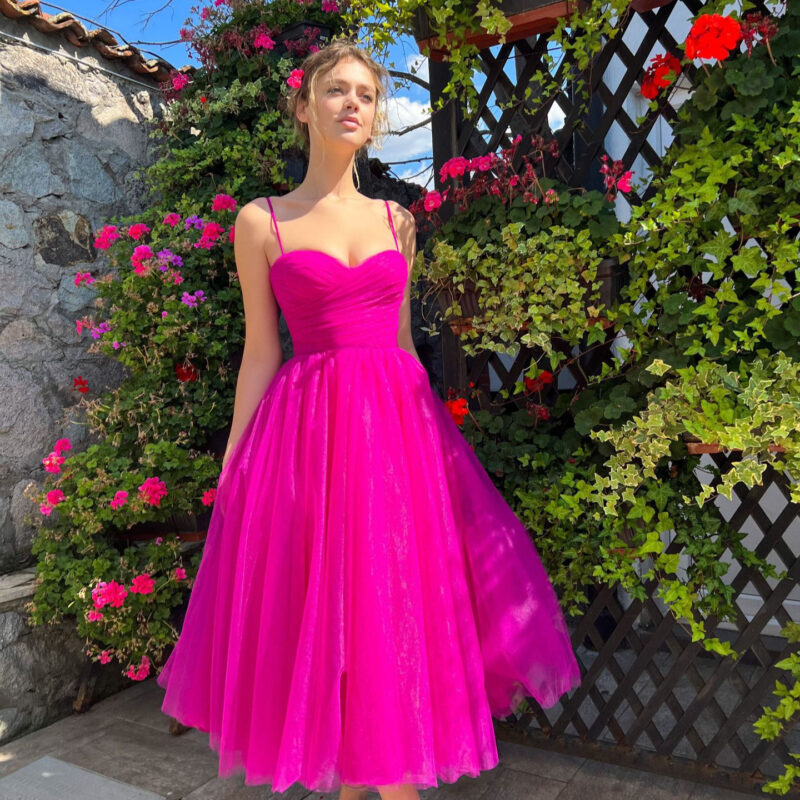 Romantic Tulle Midi Dress | Spaghetti Strap Gown