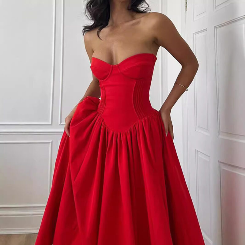 Strapless Corset Midi Dress | Elegant Backless Flared Dress