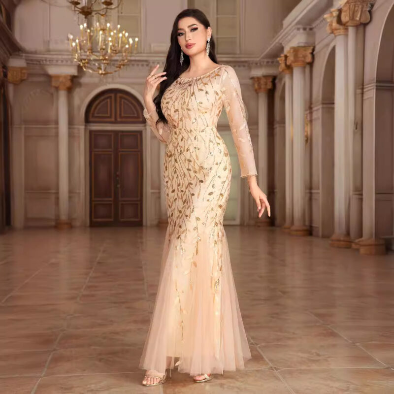 Plus Size Floral Embroidered Dress | Long Sleeve V-neck Evening Gown
