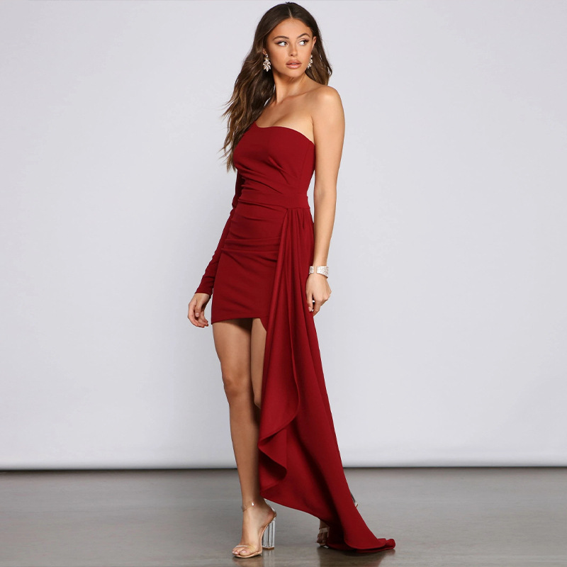Elegant One-Shoulder Dress | Ruched Bodycon Gown with Draped Sash