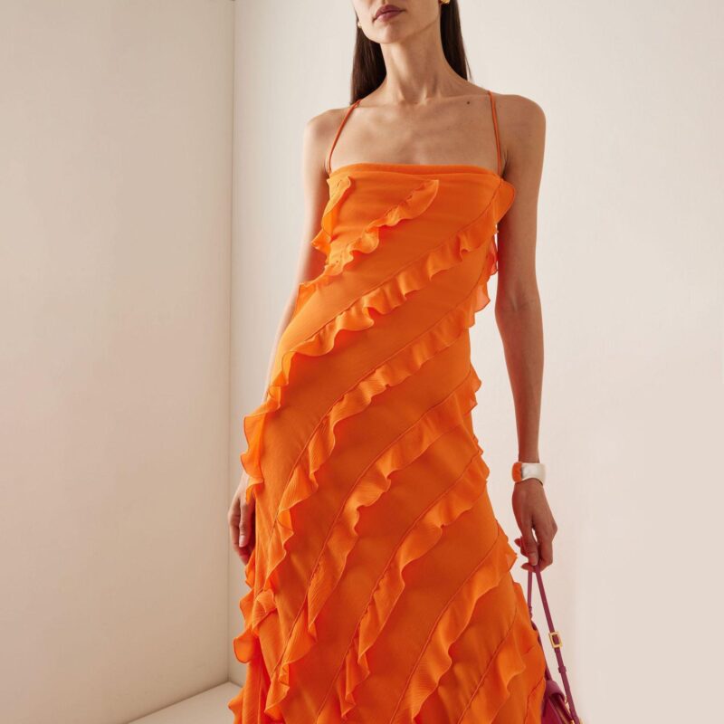 Orange Ruffled Dress | Elegant Sleeveless Party Gown with High Slit