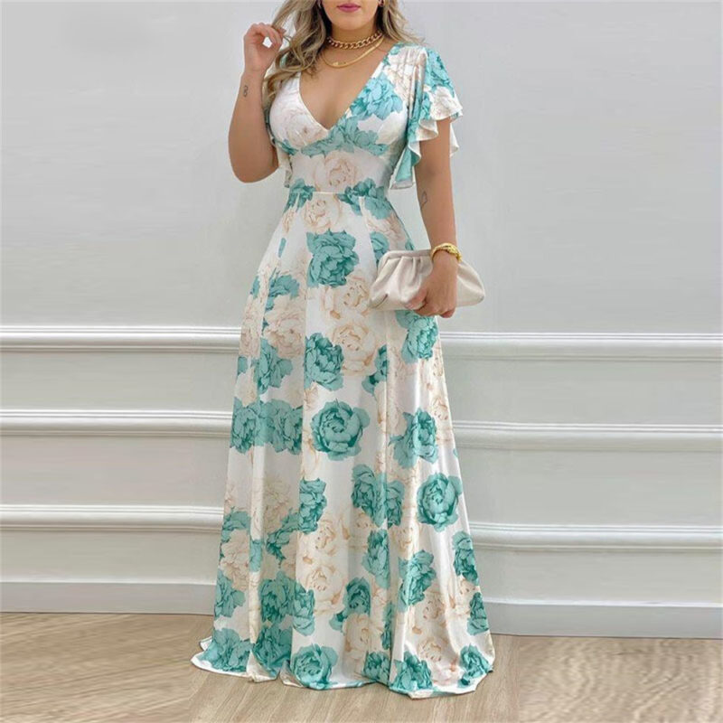 Floral Maxi Dress | V-Neck A-Line Dress with Petal Sleeves