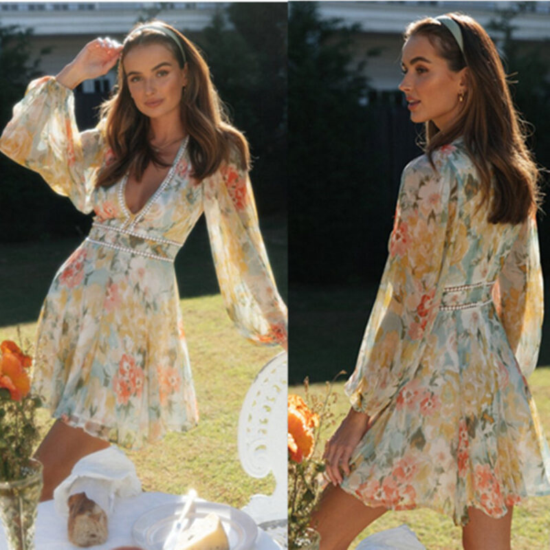 Boho Floral Midi Dress | V-Neck Ruffle Sleeve Dress for Vacations