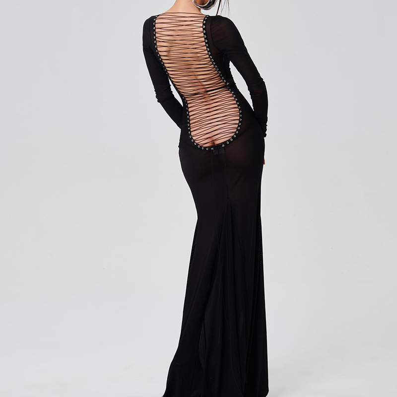 Mesh Backless Long Sleeve Dress