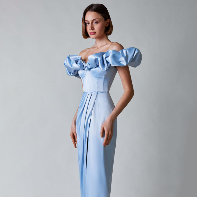 Off-Shoulder Ruffle Gown | Elegant High-Slit Evening Dress