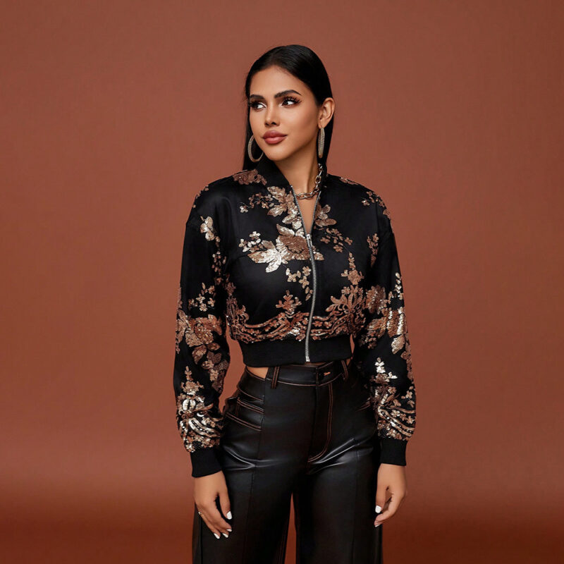 Sequin Embroidered Bomber Jacket | Chic & Sexy Cropped Outerwear