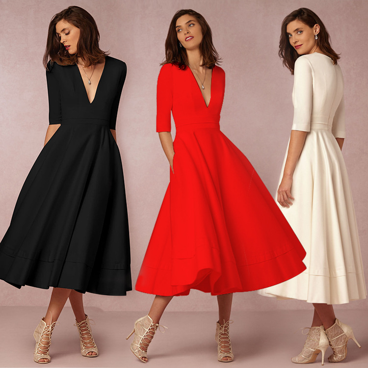 Deep V Sleeve Midi Princess Dress