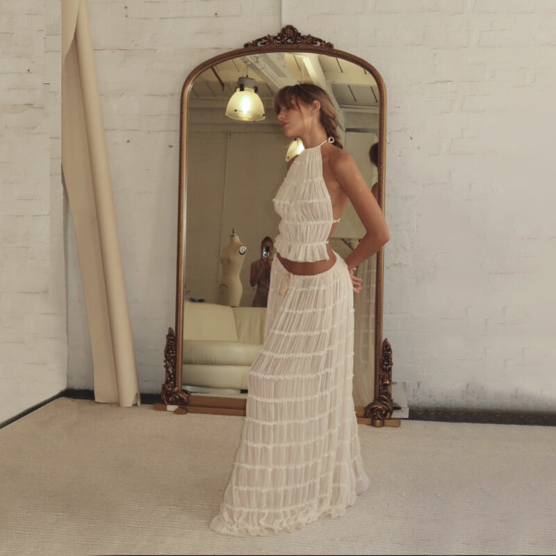 Backless Halter Two-Piece Set | Ruffle Chiffon Maxi Skirt Outfit